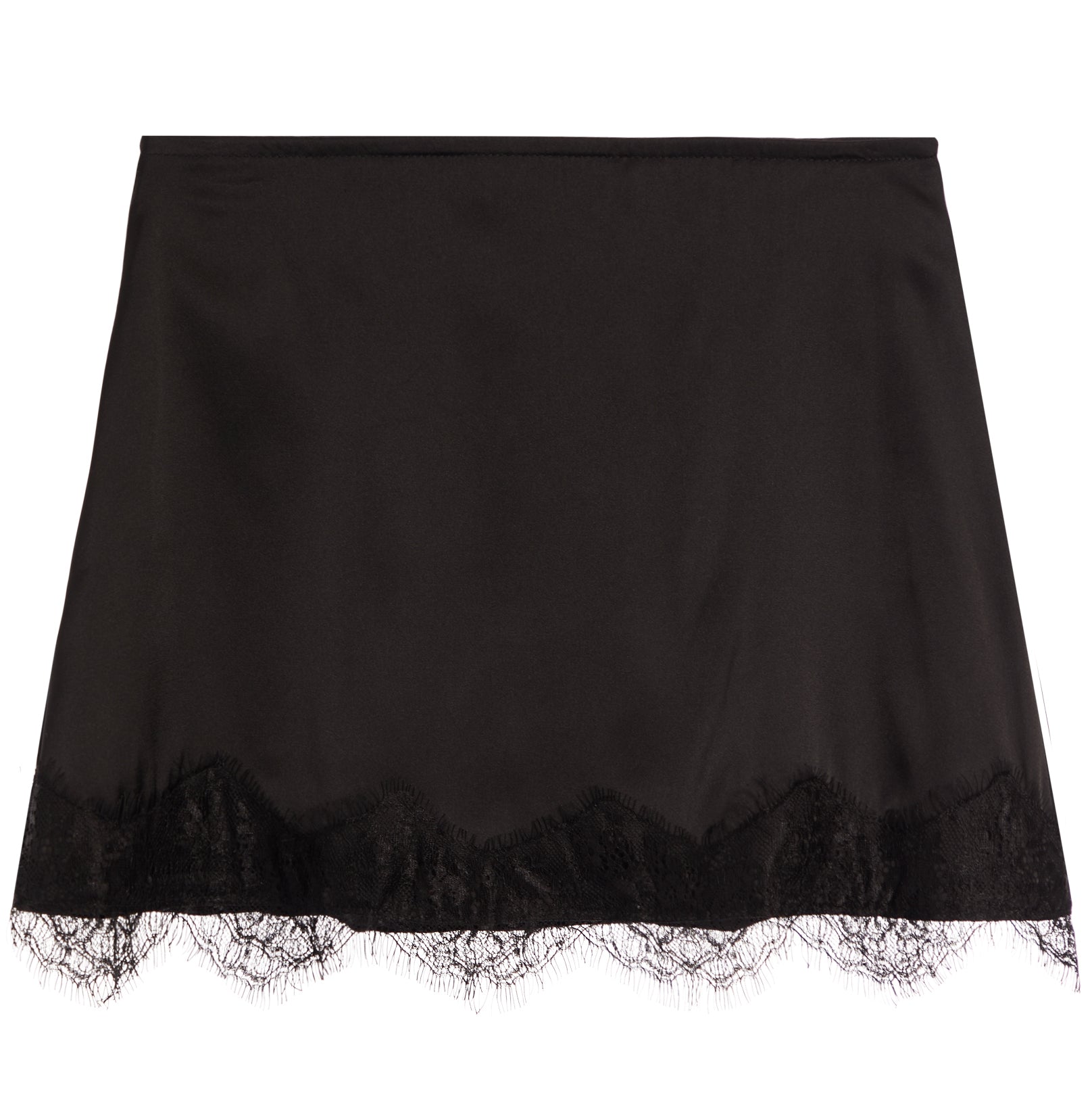 A black satin slip skirt with a delicate black lace hem, displayed flat against a solid white background.
