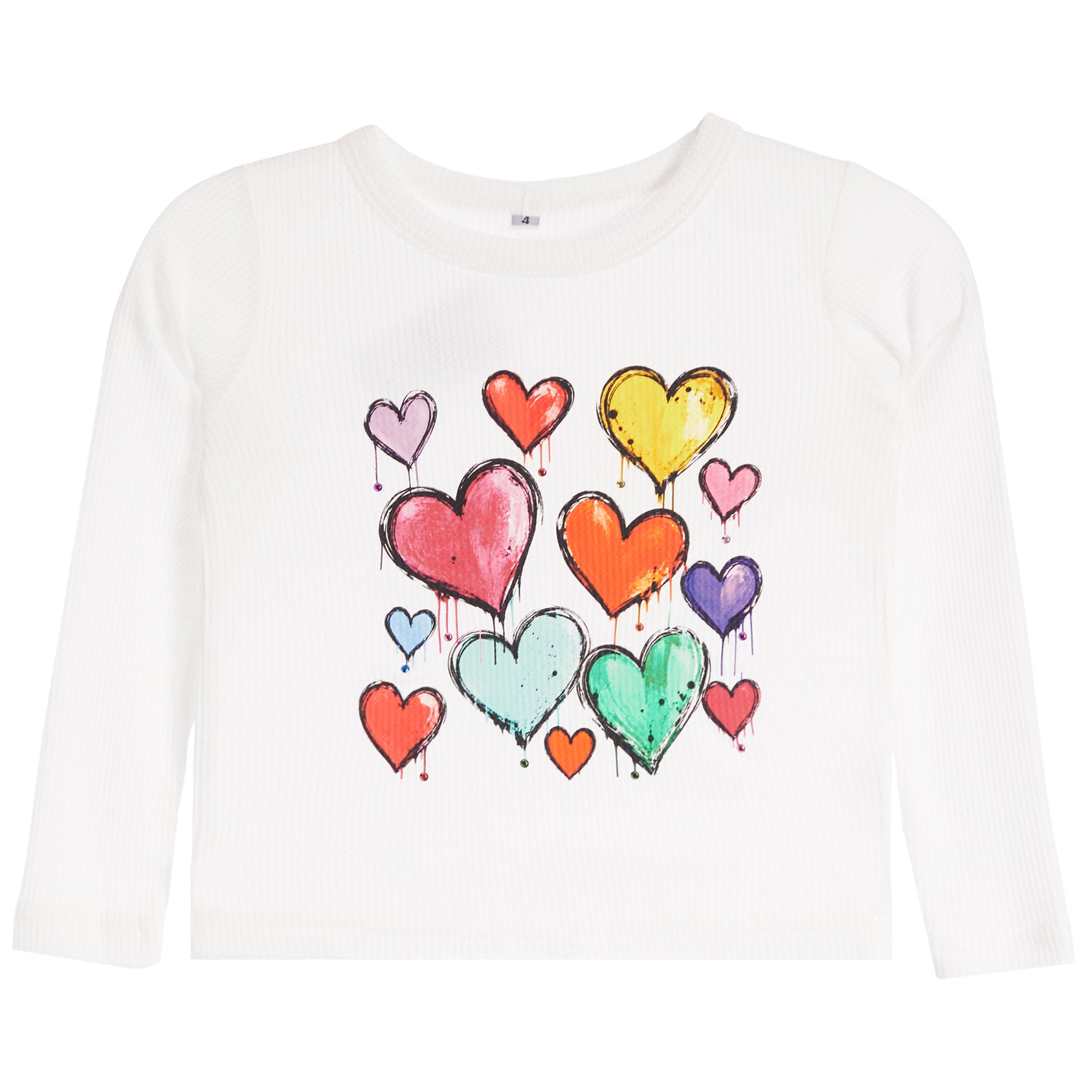A white long-sleeve baby/toddler top featuring a colorful graphic print of dripping watercolor hearts in pink, yellow, orange, purple, blue, and green.