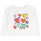 A white long-sleeve baby/toddler top featuring a colorful graphic print of dripping watercolor hearts in pink, yellow, orange, purple, blue, and green.