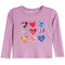 A toddler's long-sleeve waffle-knit top in light purple, featuring a graphic of nine tie-dye hearts in various colors arranged in a 3x3 grid on the front.