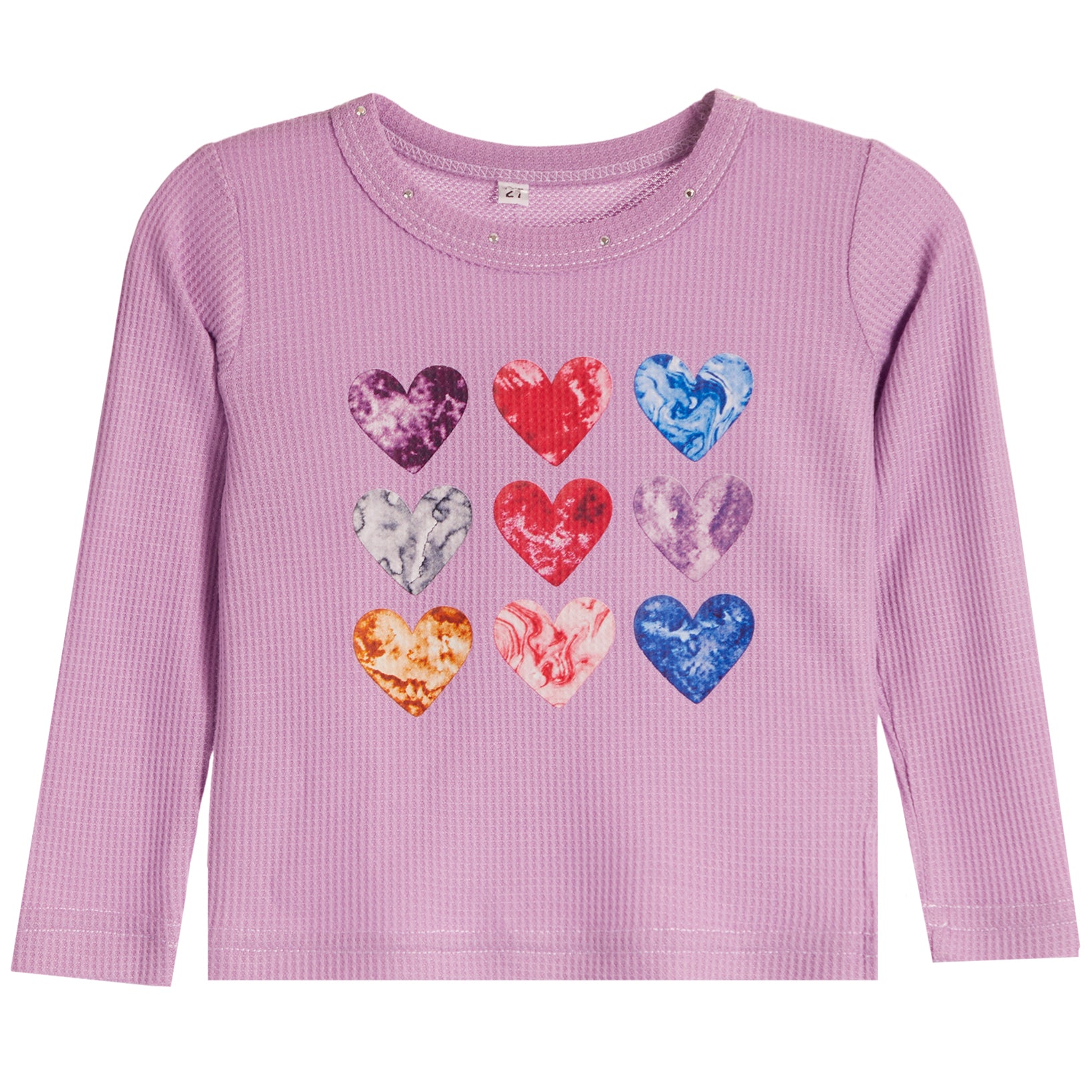A toddler's long-sleeve waffle-knit top in light purple, featuring a graphic of nine tie-dye hearts in various colors arranged in a 3x3 grid on the front.