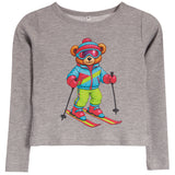 A heather gray long-sleeve crewneck sweatshirt featuring a colorful graphic of a teddy bear wearing a blue, pink, and yellow ski outfit with green pants and red skis.