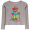 A heather gray long-sleeve crewneck sweatshirt featuring a colorful graphic of a teddy bear wearing a blue, pink, and yellow ski outfit with green pants and red skis.