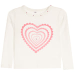An off-white long-sleeve ribbed knit top for kids, featuring a large pink scalloped heart pattern on the front and small pink rhinestone embellishments on the neckline.