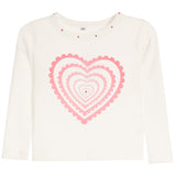 An off-white long-sleeve ribbed knit top for kids, featuring a large pink scalloped heart pattern on the front and small pink rhinestone embellishments on the neckline.