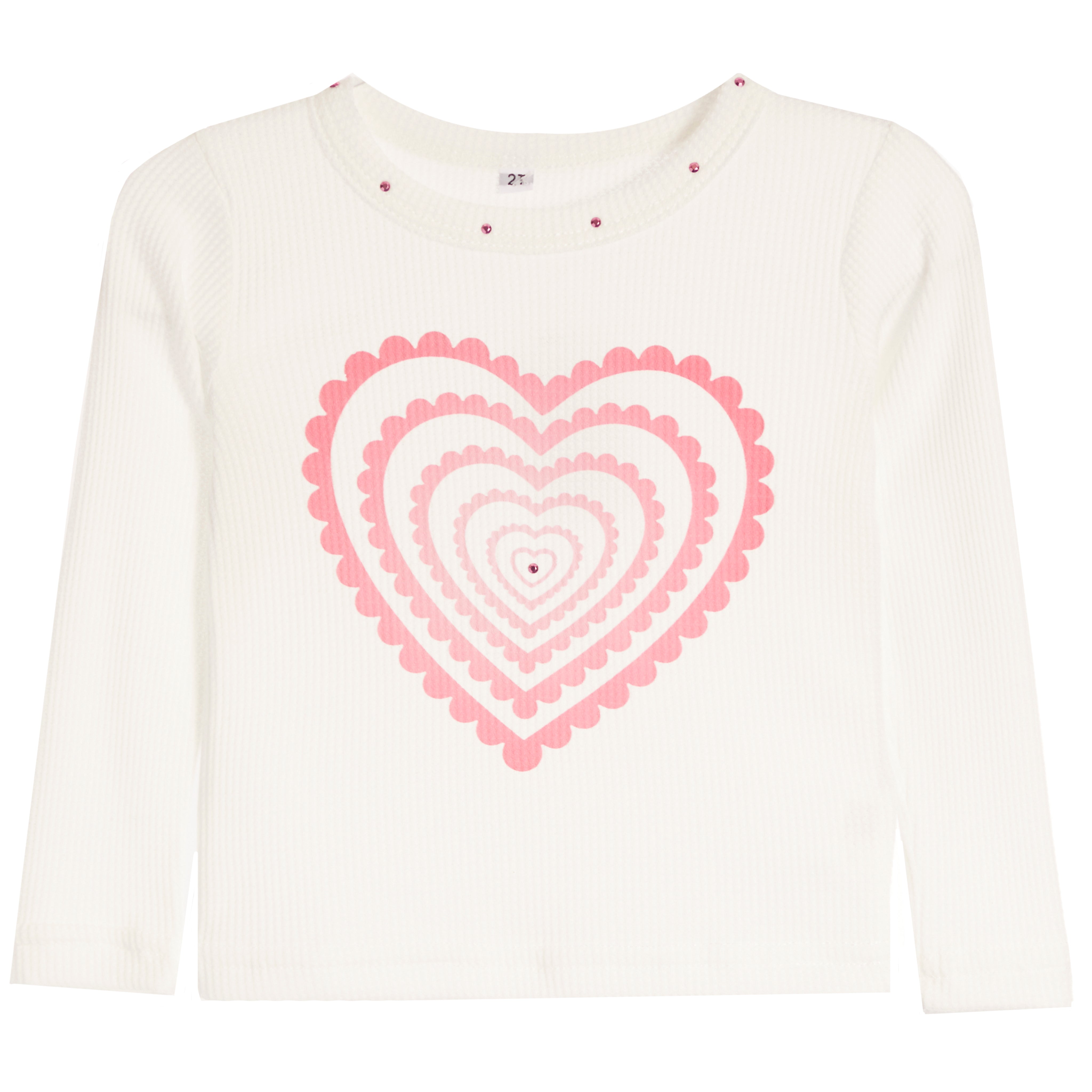 An off-white long-sleeve ribbed knit top for kids, featuring a large pink scalloped heart pattern on the front and small pink rhinestone embellishments on the neckline.