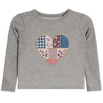 A gray long-sleeve baby t-shirt with a colorful patchwork heart design on the chest, featuring various floral and geometric fabric patterns.
