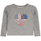 A gray long-sleeve baby t-shirt with a colorful patchwork heart design on the chest, featuring various floral and geometric fabric patterns.