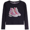 A dark navy blue long-sleeve crop top featuring a graphic of pink high-top sneakers wrapped in white pearl chains on the front, set against a plain white background.