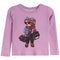 A lavender long-sleeve waffle-knit top for kids, featuring a central graphic of a teddy bear dressed in denim and holding shopping bags with 'PARIS' and 'MILAN' text.