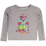 A gray long-sleeve waffle-knit baby shirt featuring a colorful embroidered cartoon bear wearing ski gear, set against a plain white background.