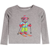 A gray long-sleeve waffle-knit baby shirt featuring a colorful embroidered cartoon bear wearing ski gear, set against a plain white background.