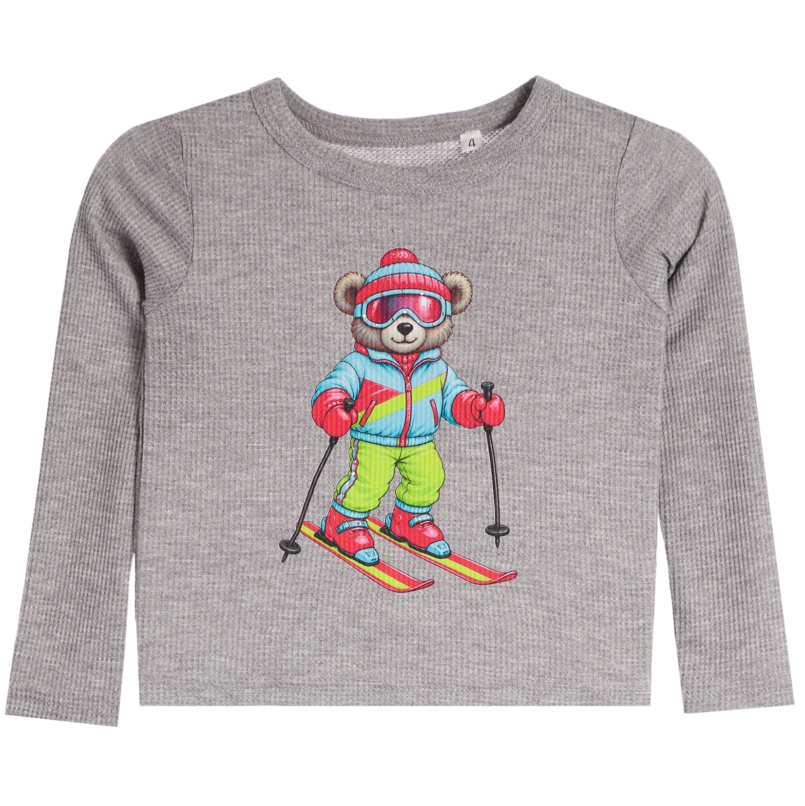 A gray long-sleeve waffle-knit baby shirt featuring a colorful embroidered cartoon bear wearing ski gear, set against a plain white background.