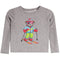 A gray long-sleeve waffle-knit baby shirt featuring a colorful embroidered cartoon bear wearing ski gear, set against a plain white background.