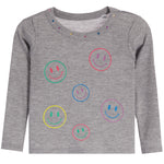 A gray waffle-knit long-sleeve baby sweater featuring colorful embroidered smiley faces in green, pink, blue, yellow, and purple, with small rhinestone embellishments around the neckline.