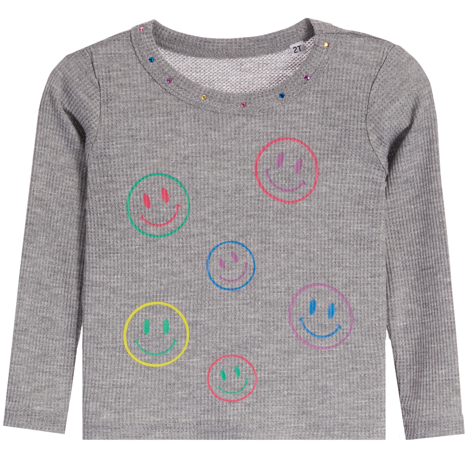 A gray waffle-knit long-sleeve baby sweater featuring colorful embroidered smiley faces in green, pink, blue, yellow, and purple, with small rhinestone embellishments around the neckline.