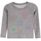 A gray waffle-knit long-sleeve baby sweater featuring colorful embroidered smiley faces in green, pink, blue, yellow, and purple, with small rhinestone embellishments around the neckline.