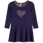 A navy long-sleeve knit dress with a scalloped multicolor neckline and a heart-shaped rhinestone embellishment on the chest, shown against a plain white background.