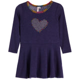 A navy long-sleeve knit dress with a scalloped multicolor neckline and a heart-shaped rhinestone embellishment on the chest, shown against a plain white background.