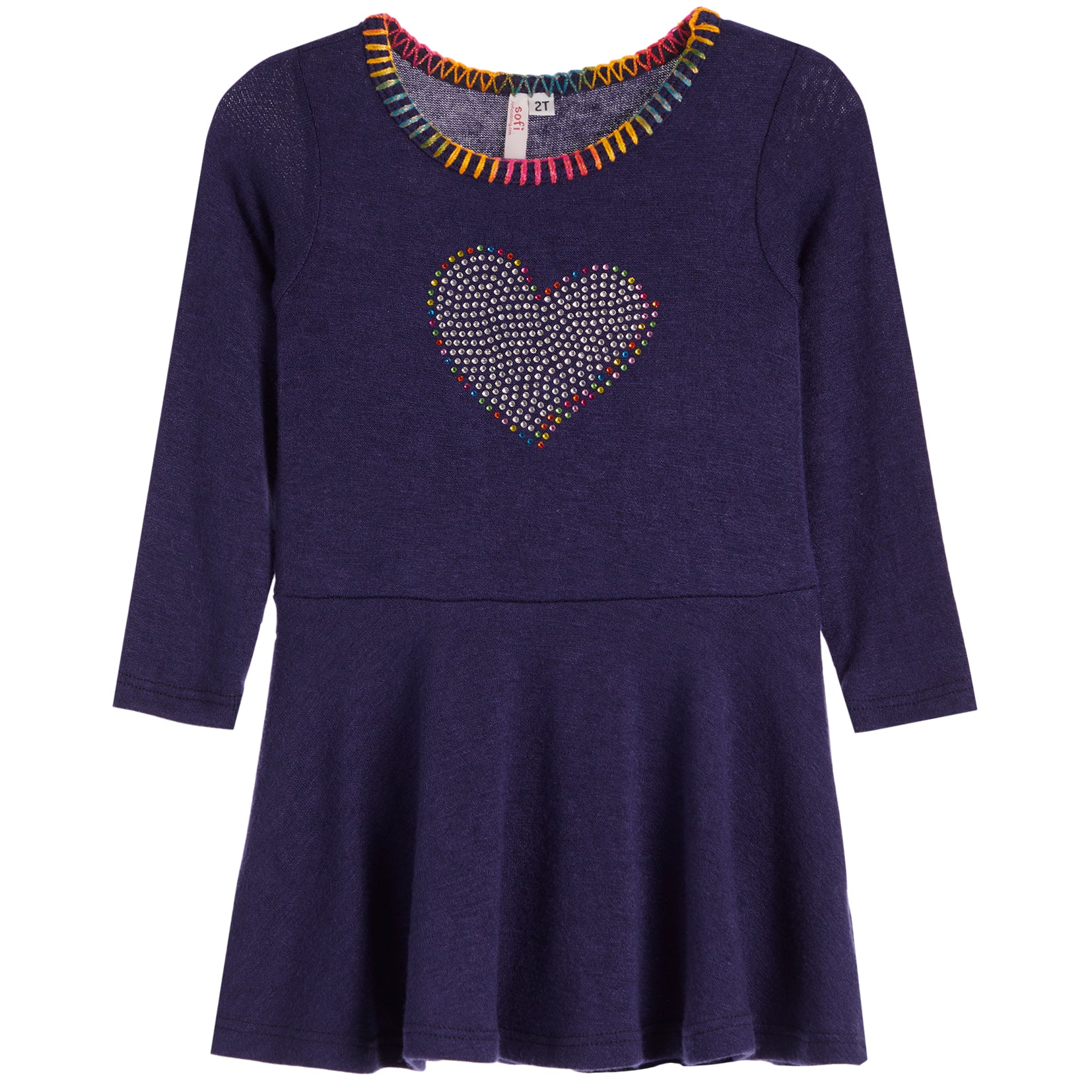 A navy long-sleeve knit dress with a scalloped multicolor neckline and a heart-shaped rhinestone embellishment on the chest, shown against a plain white background.