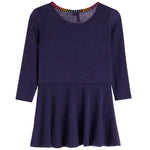 A navy knit dress with three-quarter sleeves, a round neckline, and a colorful striped trim at the collar, shown against a plain white background.