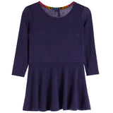 A navy knit dress with three-quarter sleeves, a round neckline, and a colorful striped trim at the collar, shown against a plain white background.