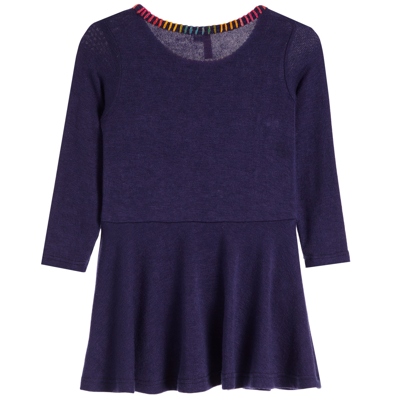 A navy knit dress with three-quarter sleeves, a round neckline, and a colorful striped trim at the collar, shown against a plain white background.