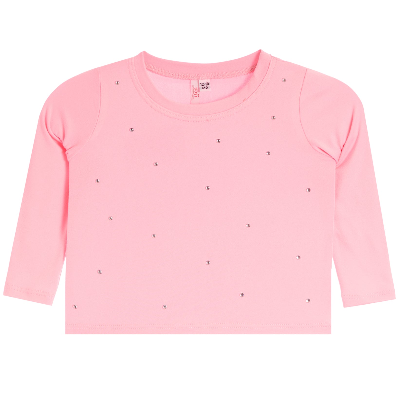 A pink long-sleeve baby top with small scattered rhinestone embellishments, shown flat on a white background.