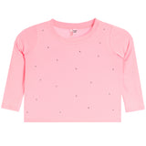A pink long-sleeve baby top with small scattered rhinestone embellishments, shown flat on a white background.
