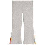 Light heather gray flared leggings with colorful embroidered details near the lower hems, shown flat against a white background.