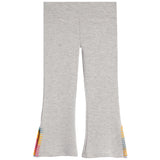 Light heather gray flared leggings with colorful embroidered details near the lower hems, shown flat against a white background.