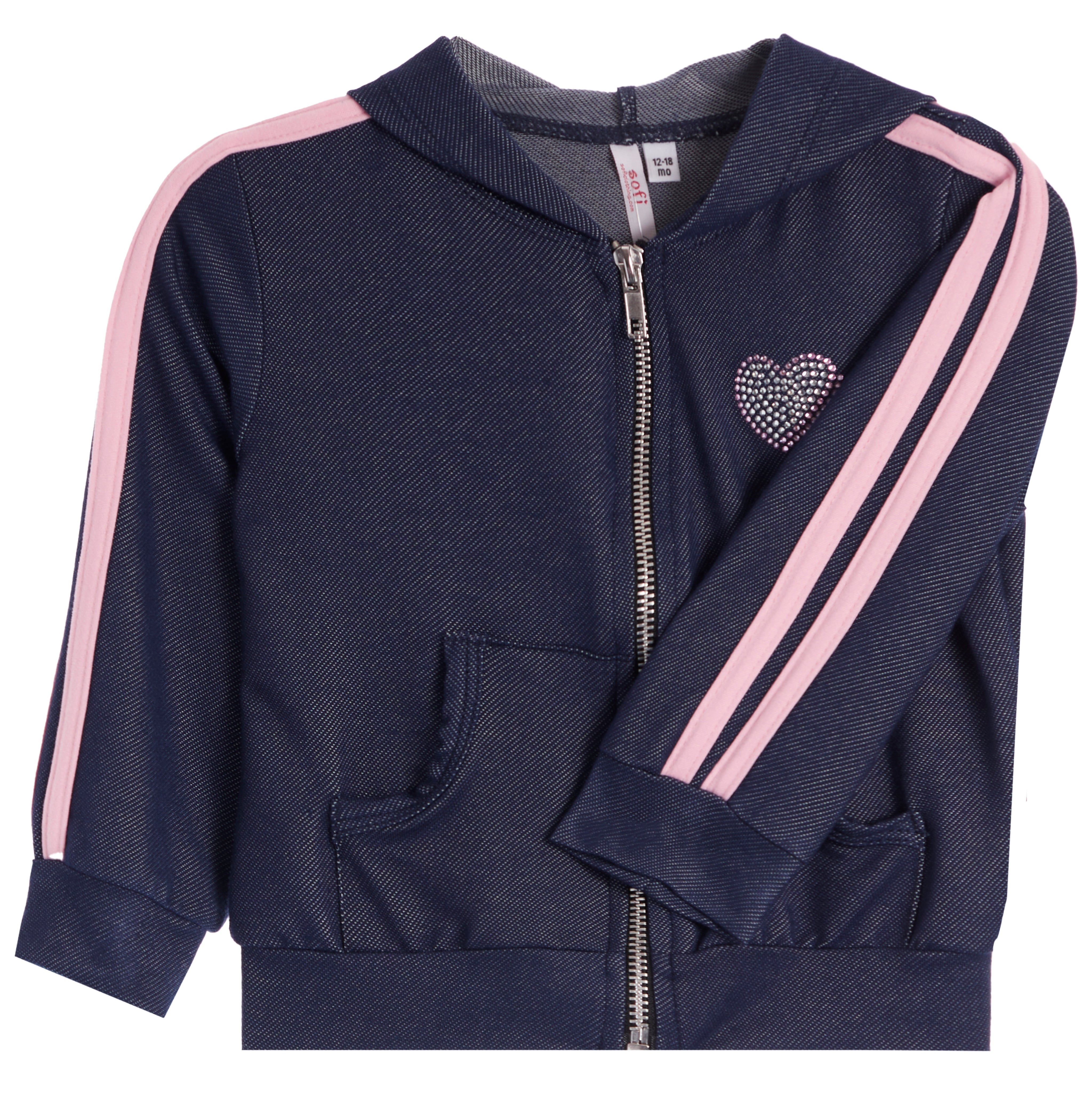 A navy blue zip-up hoodie jacket for kids, featuring light pink double stripes on the sleeves and a rhinestone-embellished heart patch on the chest.