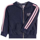 A navy blue zip-up hoodie jacket for kids, featuring light pink double stripes on the sleeves and a rhinestone-embellished heart patch on the chest.