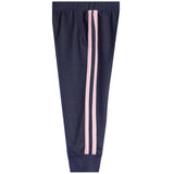 A pair of navy blue jogger-style pants with two vertical pink stripes down the side of each leg, shown against a plain white background.