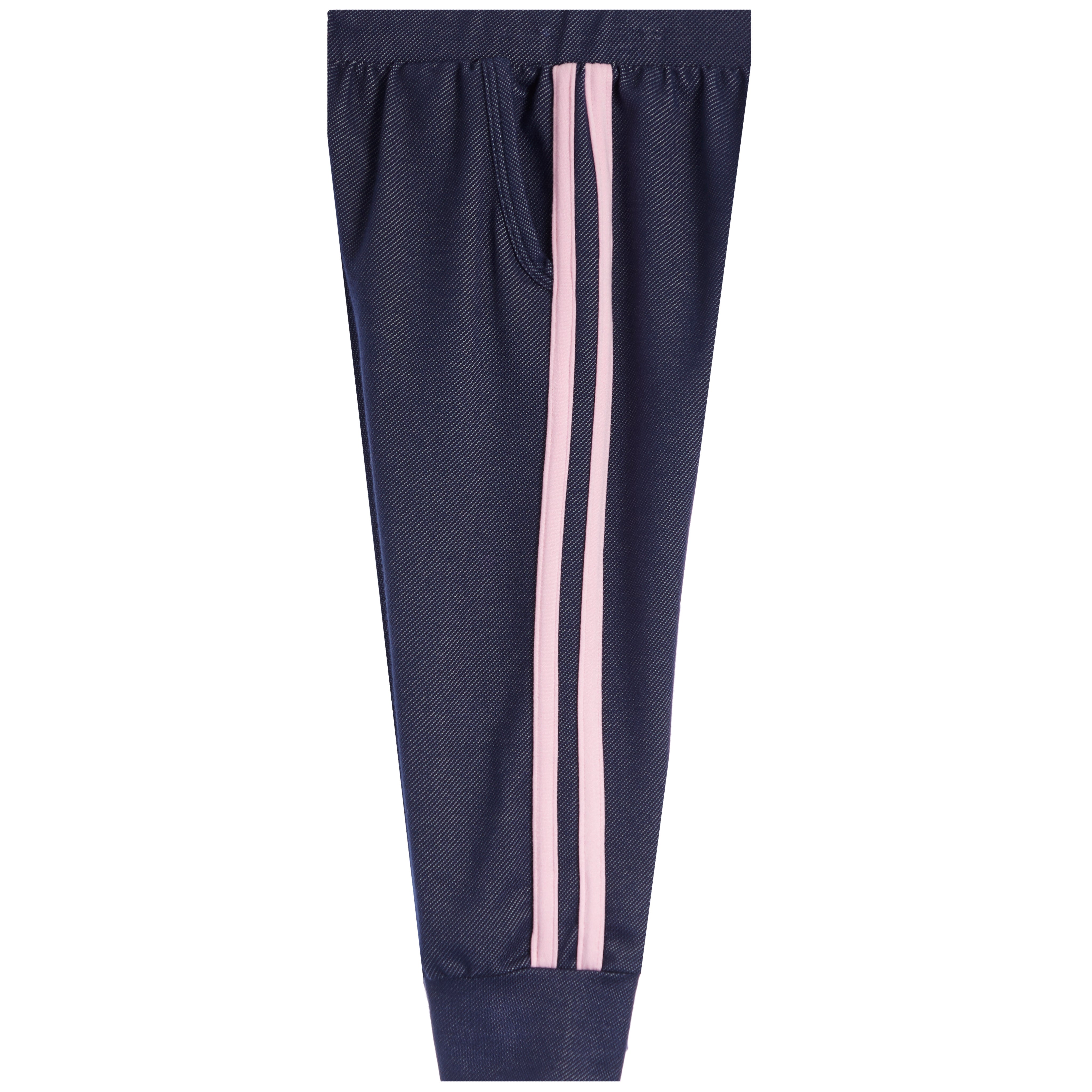 A pair of navy blue jogger-style pants with two vertical pink stripes down the side of each leg, shown against a plain white background.