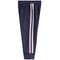 A pair of navy blue jogger-style pants with two vertical pink stripes down the side of each leg, shown against a plain white background.