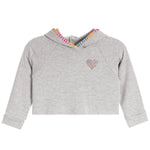A light gray heather cropped hoodie sweatshirt with a small multicolor heart on the left chest, featuring a colorful striped trim along the hood.