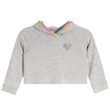 A light gray heather cropped hoodie sweatshirt with a small multicolor heart on the left chest, featuring a colorful striped trim along the hood.