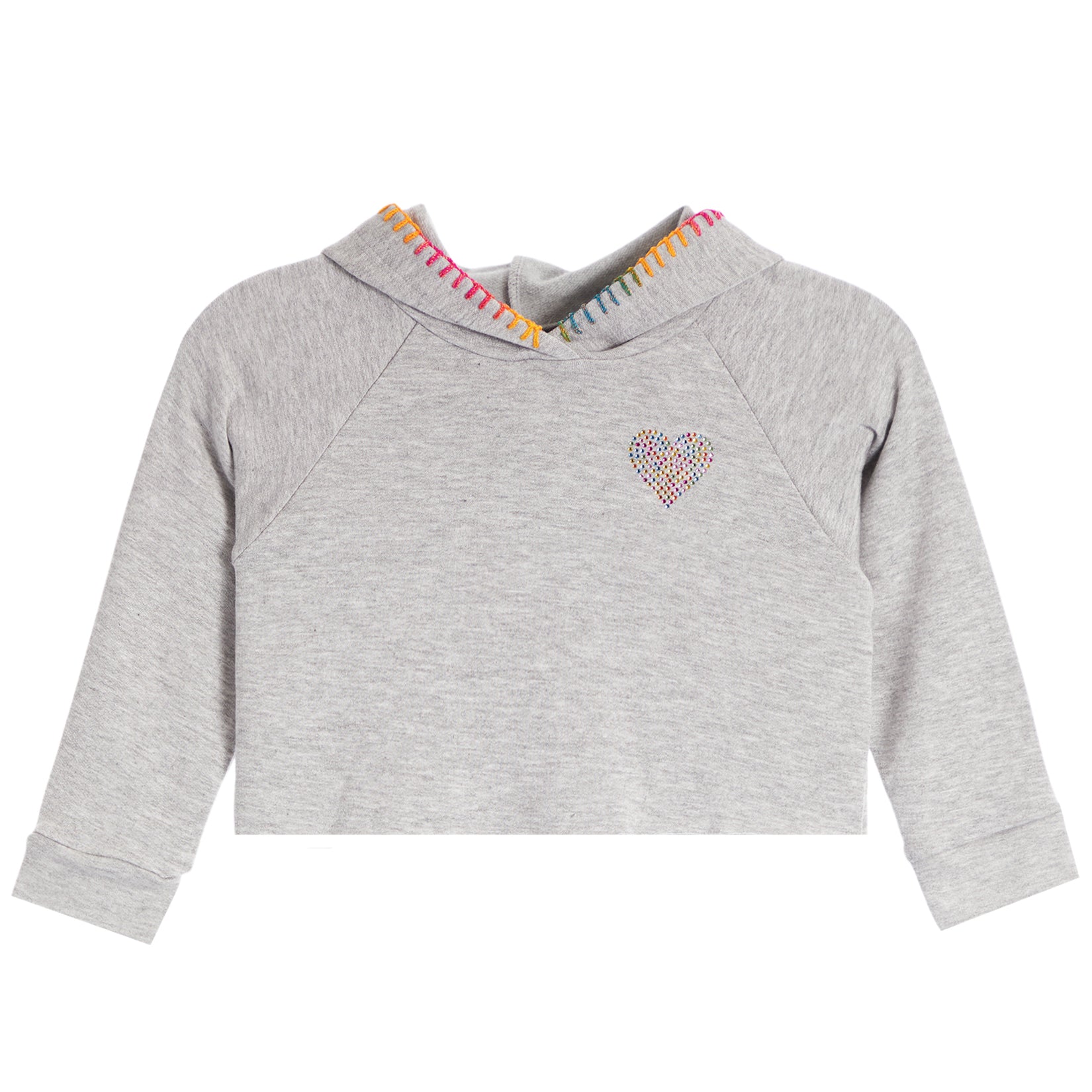 A light gray heather cropped hoodie sweatshirt with a small multicolor heart on the left chest, featuring a colorful striped trim along the hood.