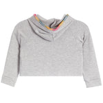 A light gray heather cropped hoodie with a high folded collar featuring a colorful zigzag embroidered trim in pink, orange, yellow, and blue, displayed on a solid white background.