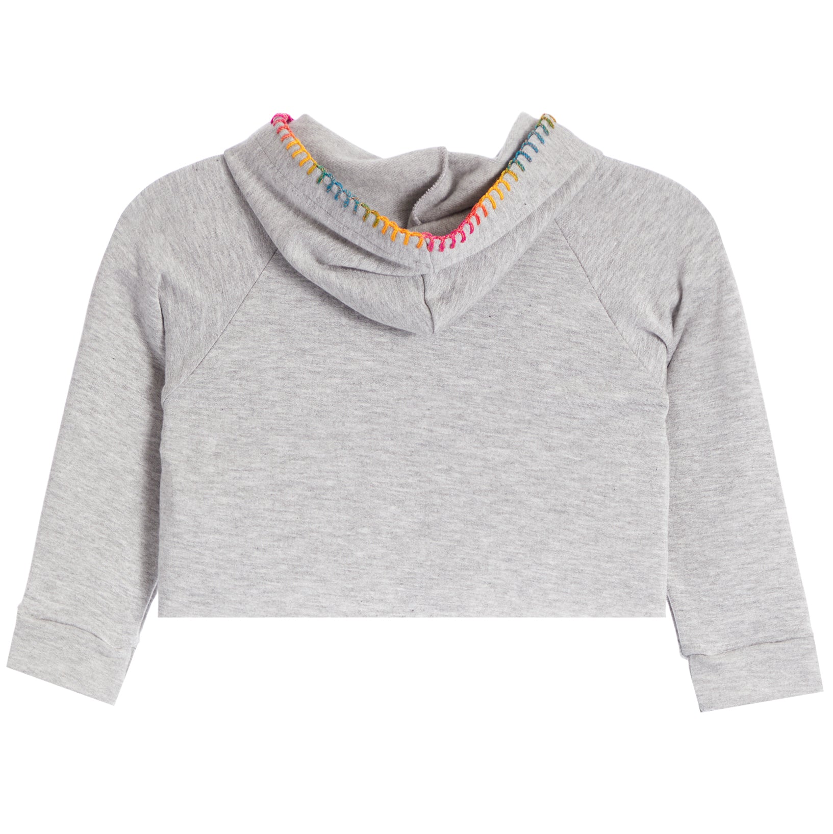 A light gray heather cropped hoodie with a high folded collar featuring a colorful zigzag embroidered trim in pink, orange, yellow, and blue, displayed on a solid white background.