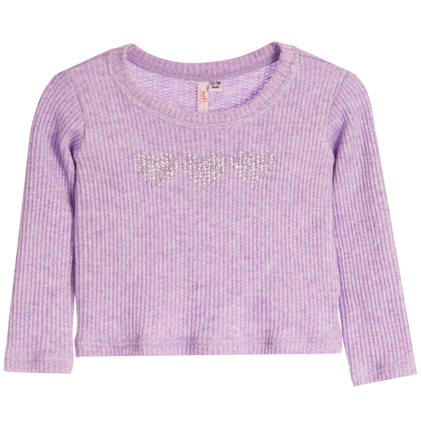 A light purple ribbed knit long-sleeve top with three sparkling heart-shaped embellishments across the chest, displayed flat against a white background.