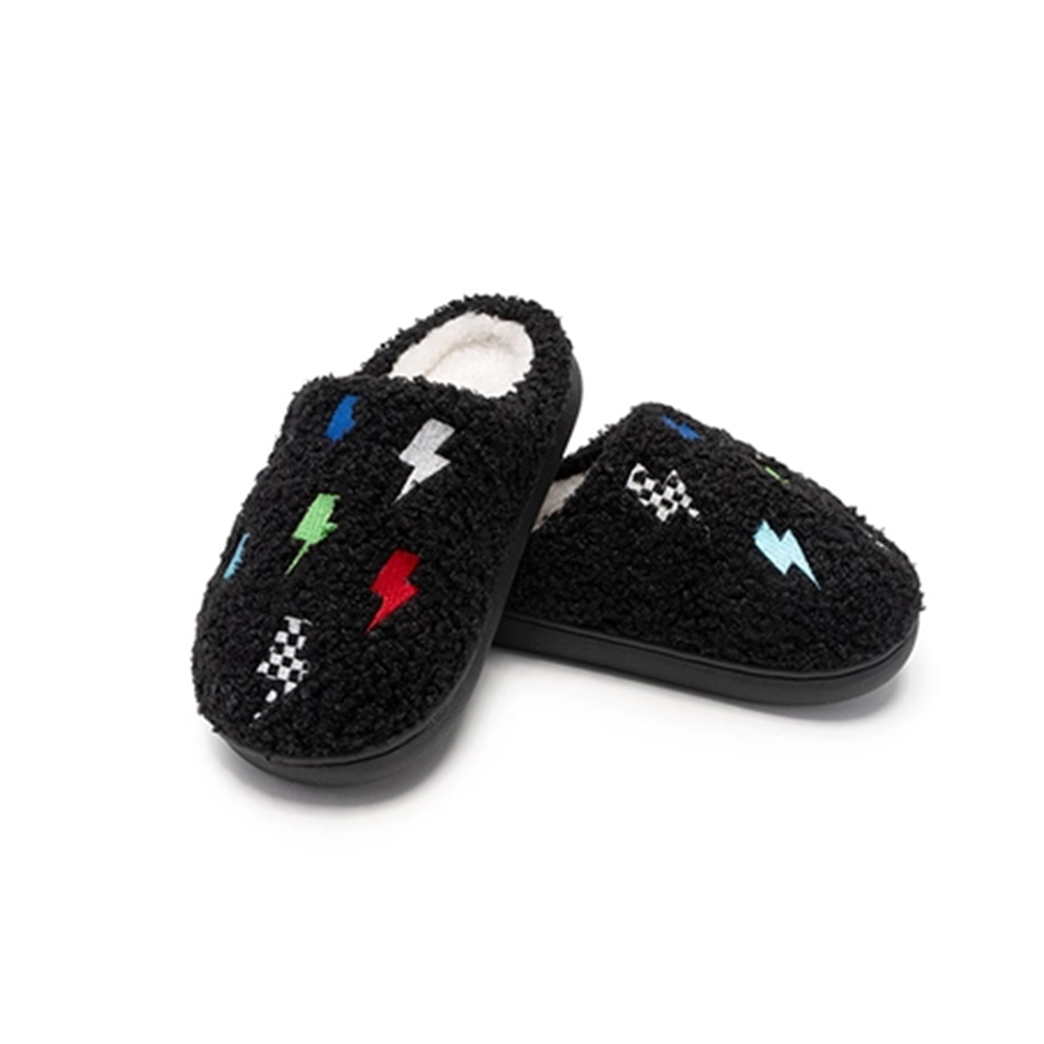 A pair of black fuzzy slip-on slippers with embroidered lightning bolts in multiple colors and small checkered patterns, shown on a plain white background.