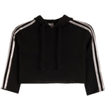 A black cropped knit hoodie sweatshirt with three white stripes running down the sleeves, shown against a plain white background.