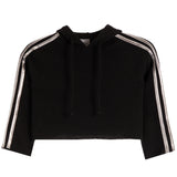 A black cropped knit hoodie sweatshirt with three white stripes running down the sleeves, shown against a plain white background.