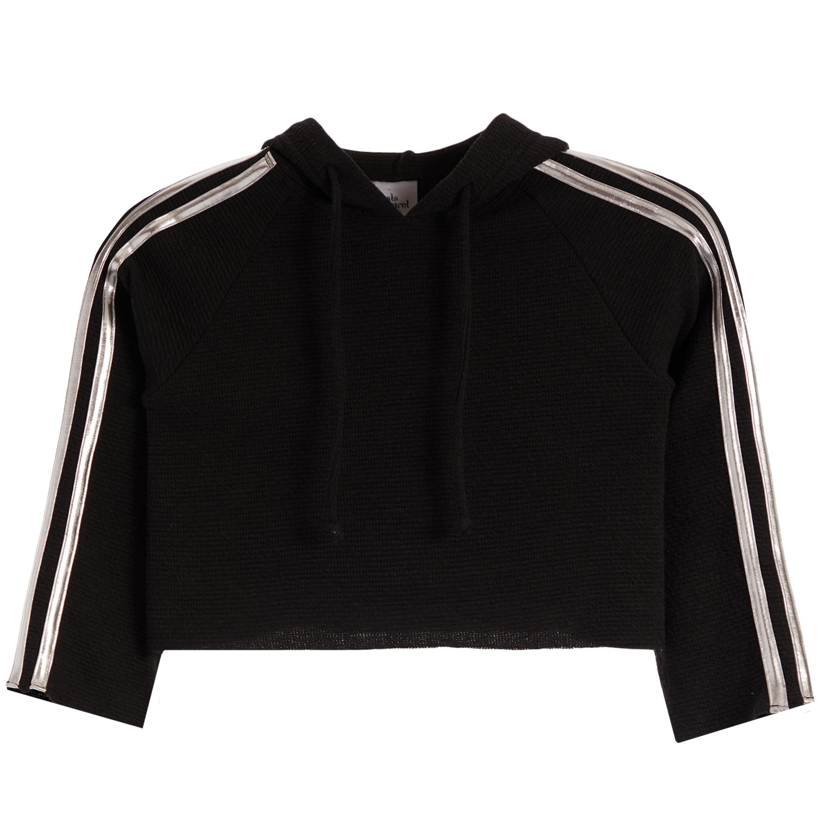 A black cropped knit hoodie sweatshirt with three white stripes running down the sleeves, shown against a plain white background.