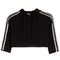 A black cropped knit hoodie sweatshirt with three white stripes running down the sleeves, shown against a plain white background.