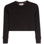 A black cropped long-sleeve knit sweater with a textured waffle pattern, shown flat against a white background. 
