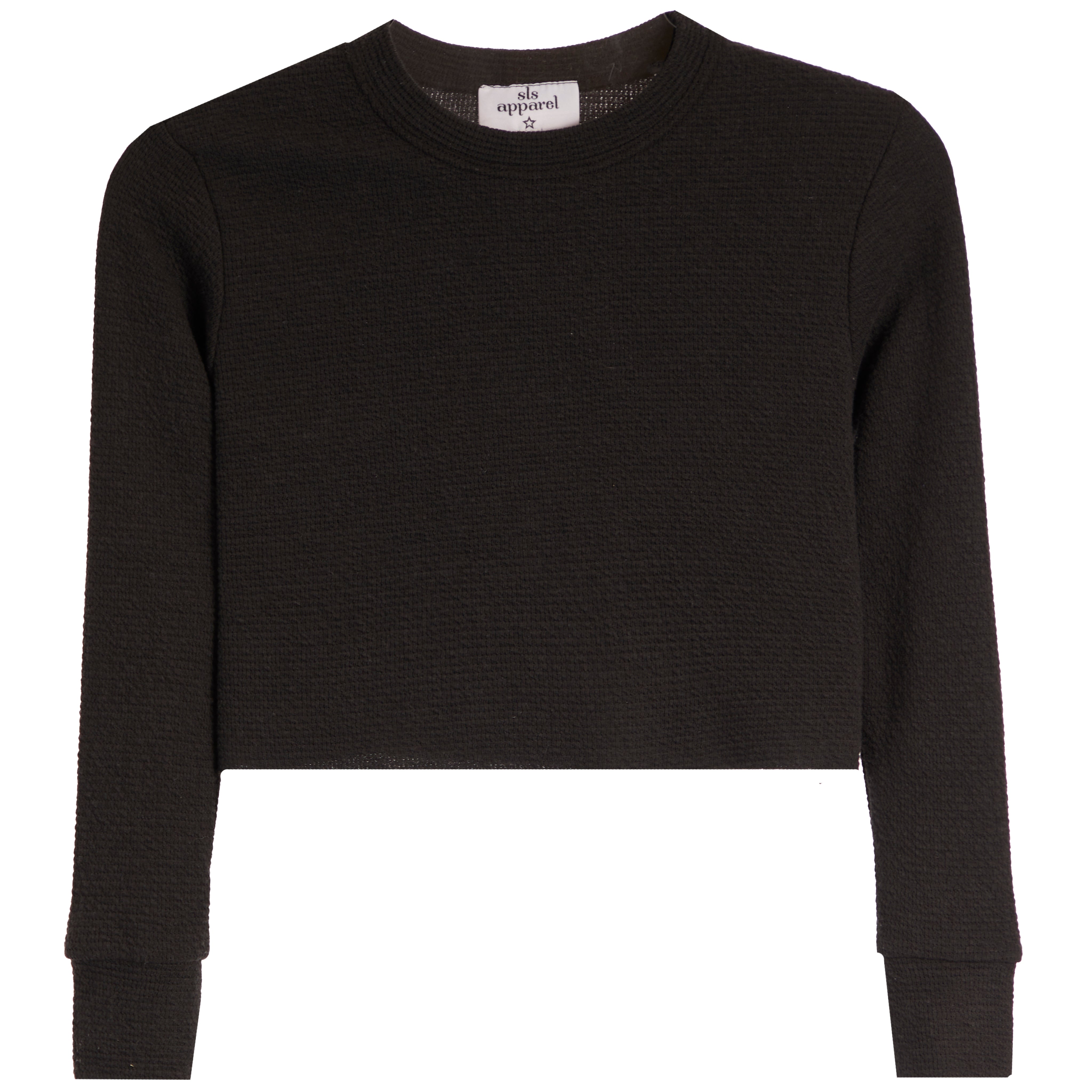 A black cropped long-sleeve knit sweater with a textured waffle pattern, shown flat against a white background. 