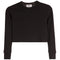 A black cropped long-sleeve knit sweater with a textured waffle pattern, shown flat against a white background. 